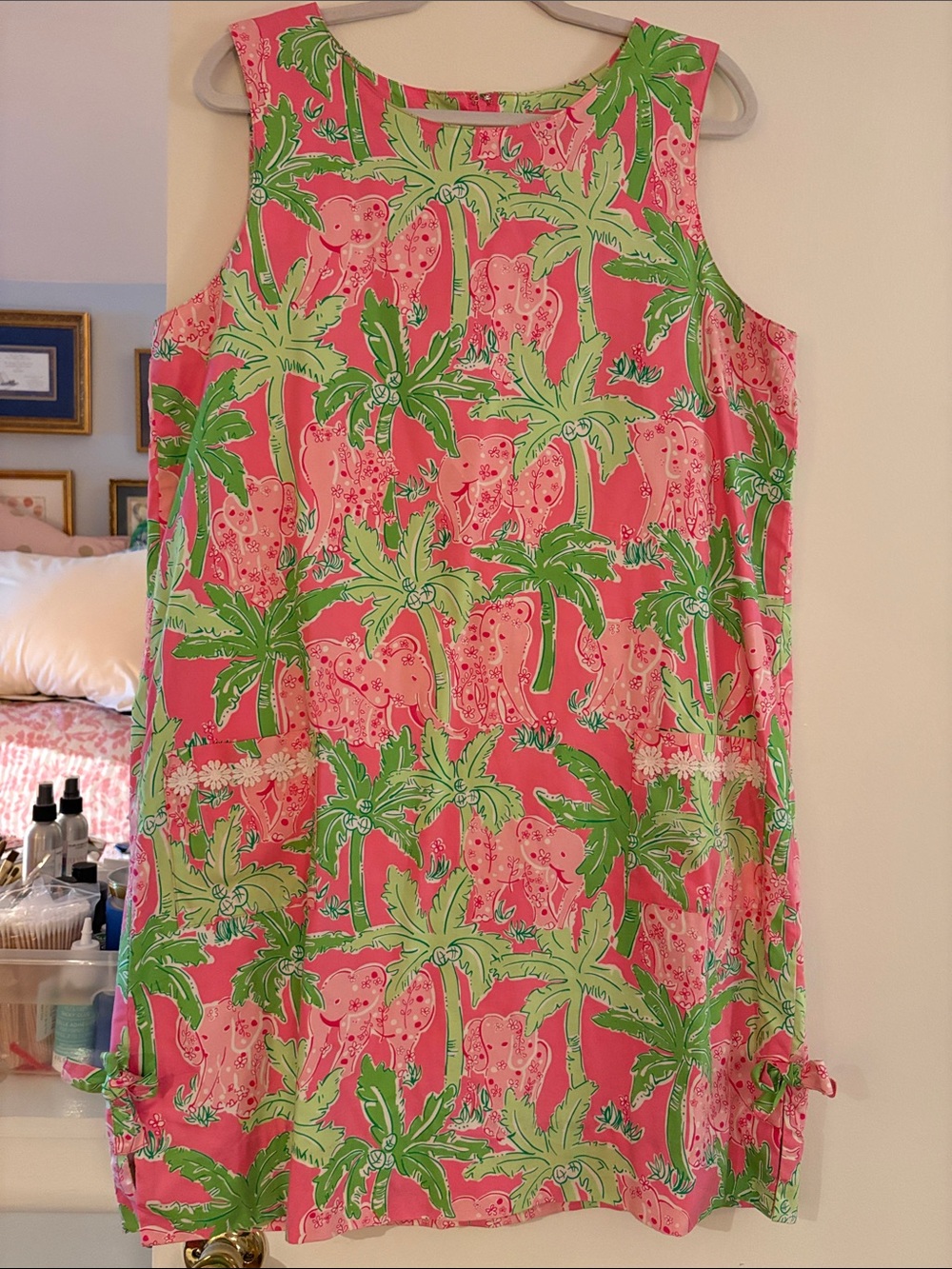 Vintage Lilly Pulitzer Pink Elephant Palm-Print Mini Dress with Green Accents